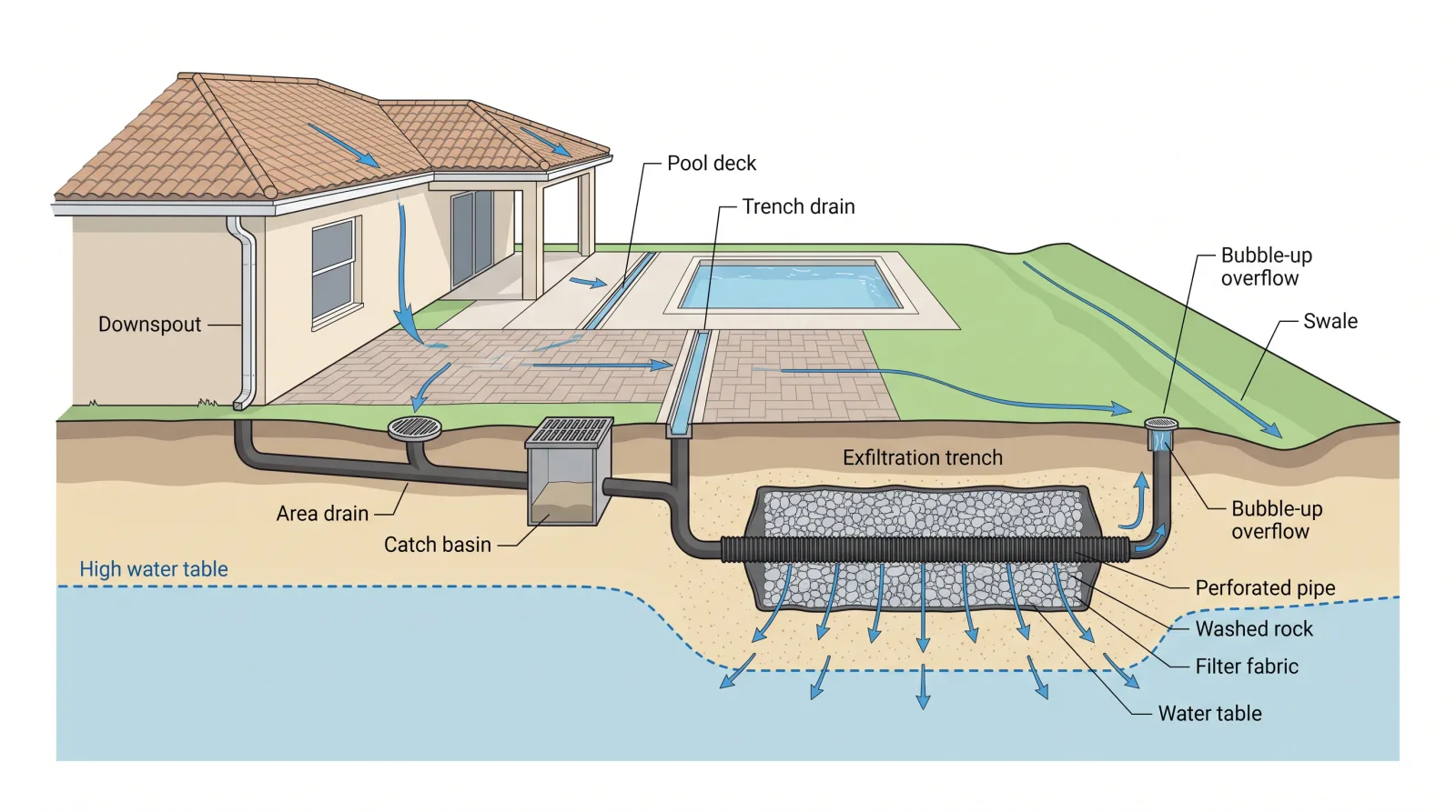 Cross-section diagram of a Palm Beach residential drainage system: roof downspout, area drain, catch basin, pool deck trench drain, and swale feeding an exfiltration trench with perforated pipe, washed rock and filter fabric above the high water table